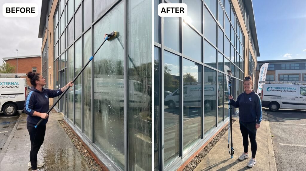 a lady serve commercial window cleaning huddersfield by C-Thru Cleaning